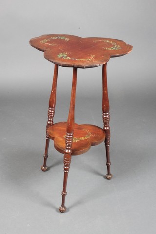 A Victorian painted mahogany clover shaped 2 tier occasional table with floral sprays, raised on turned supports 30"h x 18"w x 16"d 