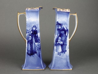 A pair of Royal Doulton square waisted flo bleu jugs decorated winter scenes and standing ladies,with gilt banding and handles, the bases with green Royal Doulton marks 