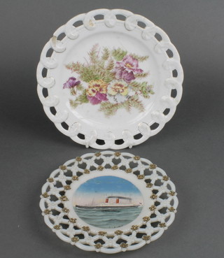 A 19th Century ribbon plate decorated with a steam ship 7", a ditto decorated flowers