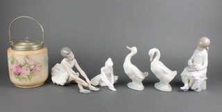 2 Nao figures of geese, 3 other figures and an Edwardian biscuit barrel