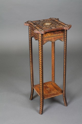 A square Moorish inlaid mahogany 2 tier jardiniere stand, raised on outswept supports 28"h x 11 1/2"2 x 11 1/2"d 