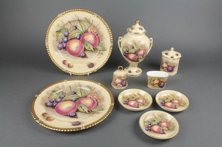 An Aynsley baluster vase and cover decorated with fruits 10", ditto preserve pot, 3 dishes, a bell, vase and 2 plates 