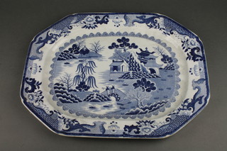 A Victorian ironstone octagonal blue and white meat plate