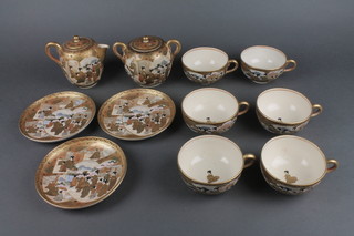An early 20th Century Satsuma part tea set comprising Saki pot, 6 cups, 3 saucers and a lidded sugar bowl with character marks 
