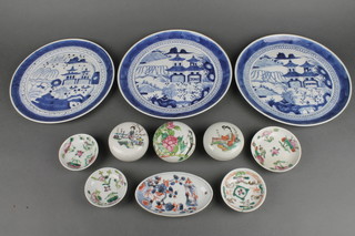 3 19th Century Chinese blue and white plates decorated with landscape views 7" and minor Oriental china 
