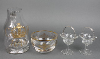 2 19th Century cut glass faceted glasses with silver swing handles, a gilt decorated bowl and jug