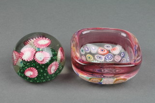 A Murano glass ashtray 3" and a ditto paperweight decorated with flowers 2.5" 