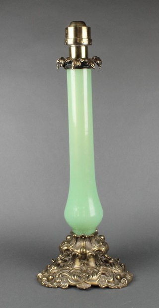 A Victorian green glass gilt metal mounted oil lamp base, fitted a brass emerging candle 24"h 