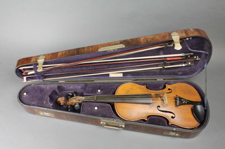 A 19th Century violin with 2 piece back 14" together with 3 bows contained in a rosewood case by W E Hill & Sons 