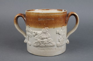 A 19th Century 2 handled earthenware mug decorated with figures at pursuits inscribed Jolly Beavis from a friend 8" 