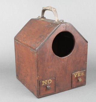 A 19th Century stained pine ballot box of triangular form with iron handle, fitted a Yes and No drawer, 9 1/2"h x 8"w x 8"d 