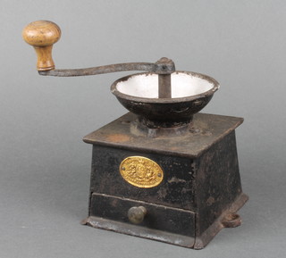 Kenrick, a square 19th Century iron coffee grinder fitted a drawer 