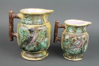 2 Victorian Majolica jugs decorated with birds 6" and 8" 