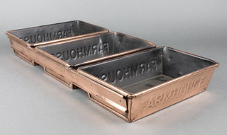 3 rectangular copper bread tins marked Farmhouse 