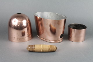 A Victorian cylindrical copper ice cream or jelly mould 2 1/2", a copper boat shaped mould 6" (hole to side), ditto dome shaped mould 4" (dent and hole to side) together with a Victorian turned wooden needle case 4 1/2" 