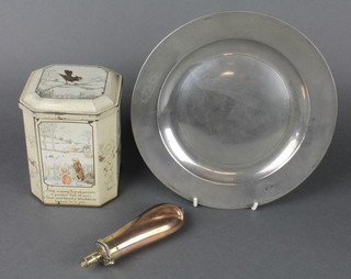 J Barlow patent 19th Century copper and brass powder flask 5", an 18th Century circular pewter plate with London touch mark, marked HP 9" and a McVitie & Price biscuit tin 