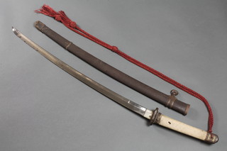A 19th Century Wakizashi sword with 33" blade, the tang with 6 character signature and 2 holes, having a shagreen grip, gilt mounts and complete with lacquered scabbard 