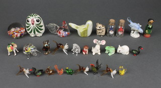 A Mexican Wemyss style pottery figure of a bird 3", 2 glass figures of birds 2" and a collection of miniature figures etc 