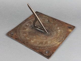 A square bronze sun dial decorated Royal Arms, marked 1710 Nox Veniti 8" x 8" 