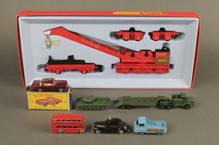 A Matchbox Series Mercedes Benz Coupe no.53, boxed, a Sankey 50 ton tanker transport, a Centurion tank Mk 3, a no.5 Wolsey 6-8 eighty police car, a Morris J2 pickup and a Lesney double decker bus together with a Tri-ang Hornby R.739 break down crane set - 75 tons  