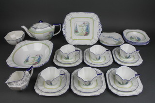 A 1930's Shelley part tea set comprising teapot, bowl, sandwich plate, cream jug, sugar bowl, 6 saucers, 5 side plates and 2 similar, 4 dessert bowls and 6 tea cups