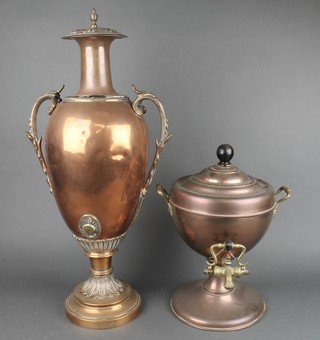 A Regency oval twin handled copper tea urn 22" (spicket filled) together with a later circular copper and brass twin handled tea urn 10" 