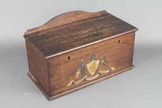 A Victorian Friendly Society rectangular oak collecting box, possibly Buffalos, the lid with 3 slits marked Propaganda Benevolent Order of Merit No.1 Carfax Lodge Horsham 7" x 12" 