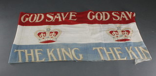 A 1930's printed fabric Coronation/Jubilee banner marked God Save The King and Tudor crown 25"h x 109"