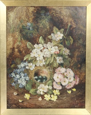 A Victorian oil painting on canvas, still life study of a nest of eggs amongst flowers, unsigned 18" x 13 1/2" 