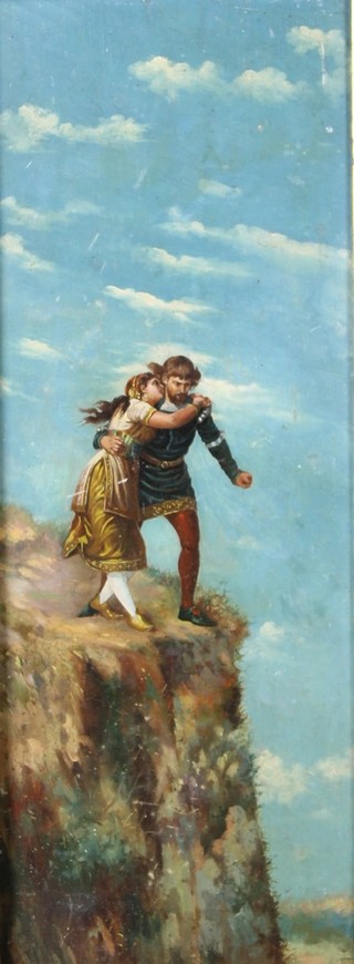 A 19th Century Continental oil painting on board, study of a classical standing couple by a cliff edge, 16 1/2" x 6" 