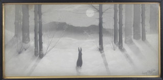 Harvey C Mitchell 1915, a monochrome sketch, an atmospheric moonlit study of a seated hare in a forest, signed and dated 8" x 17" 