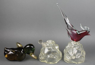 2 Murano glass figures of birds with bottle bases 13" and 11" 