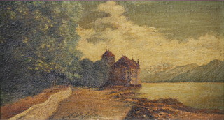 Russian School?, oil painting on canvas, study of a building by a mountain lake, indistinctly signed to middle bottom, 5" x 9" 
