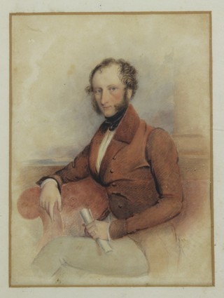19th Century watercolour, a study of a seated gentleman holding a scroll, unsigned 8 1/2" x 6 1/2" 