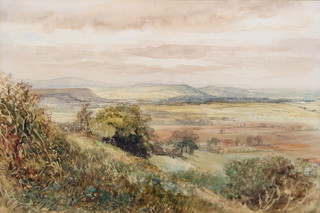A watercolour drawing, downland scene with extensive downs, farm buildings in the distance, indistinctly signed HH ?, 10" x 15" 