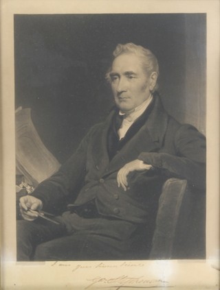 C Turner, an engraving, a 19th Century black and white engraving of George Stephenson, signed by the sitter on the mount in a maple walnut frame with gilt slip 12" x 9 1/4" 