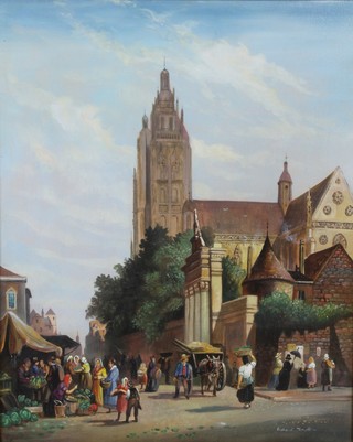 Richard Temple, oil painting on canvas, a 19th Century style study of a Continental town scape with figures, signed 19 1/2" x 15 1/2" 