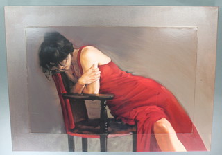 M J Austin, oil painting on canvas, a 21st Century atmospheric study of a lady in a red dress sitting on a chair, label to verso 29" x 41" 