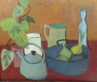 20th Century oil painting on board , a stylised still life study of fruit, vessels and a plant, unsigned, label on verso 29" x 29" 