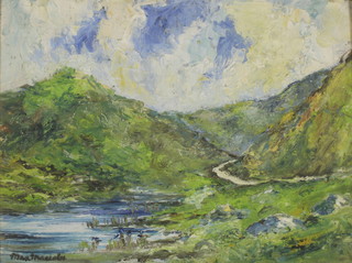 Max MacCabe, oil painting on board, Irish landscape, study of a mountain river, signed,  9" x 11 1/2", the reverse with John Magee gallery label, Donegal Square, West Belfast  	

