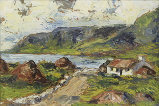 Gladys MacCabe, 20th Century oil painting on canvas, study of an Irish landscape with croft, loch and distant mountains, signed, 6" x 9" Â 