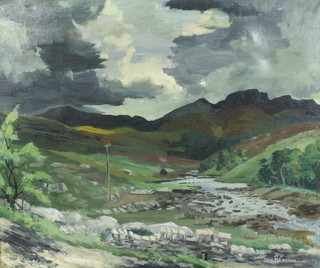 Ivor B Coburn, oil on canvas, 20th Century atmospheric landscape with stream and distant mountains, signed 24" x 29"