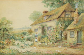 L Osborn, watercolour, study of a young lady outside a country cottage feeding chickens, signed 13 3/4" x 20 3/4" 