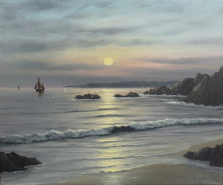 H G Braunstone, oil on canvas, a sunset coastal scene with fishing vessels, seagulls and distant lighthouse, signed 19" x 23"  