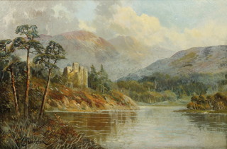 F C Jamieson, oil on canvas a Scottish loch scene with castle and distant mountains, signed, 15 1/2" x 23 1/2" 
