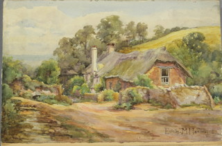 Edith Harms, watercolours "Horsham Doomsday Green" signed, unframed 7" x 9", a country garden, signed, unframed 10" x 13 1/2", "Horsham Kerves Lane" signed, unframed 8 1/2" x 14" 