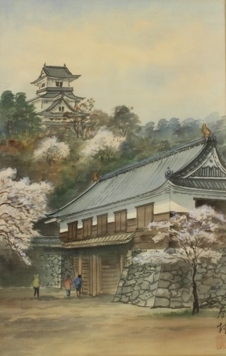 Japanese watercolours, a study of a temple and a study of Mount Fuji, signed 16" x 10" 