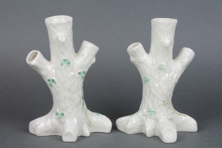 A pair of Belleek rustic spill vases in the form of tree trunks with green mark 6 1/2" 