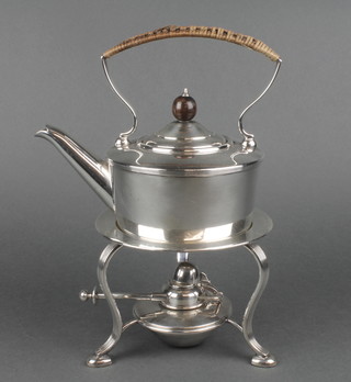 An Edwardian plated tapered kettle on stand with burner 