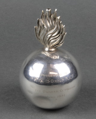 A Second World War officer's silver mess table lighter in the form of a grenade, inscribed presented to HQ Thirteen Group RAF by The Gunner Officers June 1941, London 1940, gross 268 grams